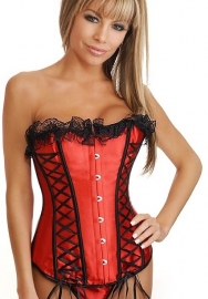 Red Lace Up Front Bandage Satin OverBust Steel Boned CORSET