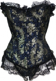 Black Lace Up Print Front Satin OverBust CORSET