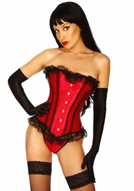 Red Lace Up Vertical Stripes Front Satin OverBust CORSET