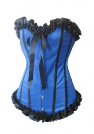 Green Lace Up Ruffle Vertical Stripes Front Satin OverBust CORSET