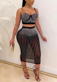 (Real Image)2022 Styles Women Sexy INS Styles Mesh Sequin Midi Dress Two Piece Suit