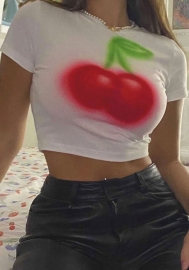 (Real Image)2022 Styles Women Fashion INS Styles Print Cherry Short Sleeve Tee