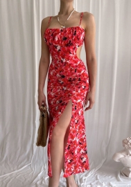 (Red)2022 Styles Women Fashion Summer TikTok&Instagram Styles Floral Strap High Split Maxi Dress
