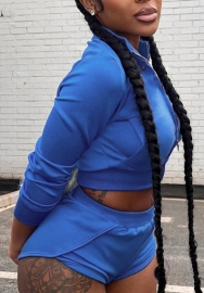 (Blue)2022 Styles Women Fashion Summer TikTok&Instagram Styles Front Zipper Long Sleeve Short Two Piece Suit