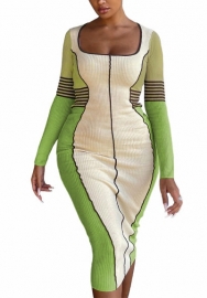 (Green)2022 Styles Women Fashion Spring&Winter TikTok&Instagram Styles Contrast Color Long Sleeve Midi Dress