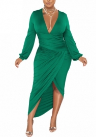 (Green)2022 Styles Women Sexy Spring&Winter TikTok&Instagram Styles V Neck Long Sleeve Irregular Maxi Dress