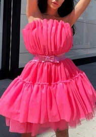 (Pink)2022 Styles Women Sexy Spring&Winter TikTok&Instagram Styles Mesh Hem Mini Dress With Waist Tie