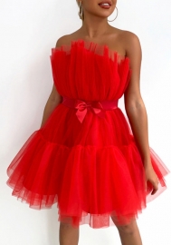 (Red)2022 Styles Women Sexy Spring&Winter TikTok&Instagram Styles Mesh Hem Mini Dress With Waist Tie
