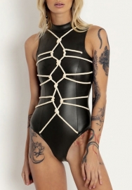 (Real Image)2022 Styles Women Sexy Spring&Winter TikTok&Instagram Styles Bandage PU Bodysuit