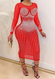 (Red)2022 Styles Women Sexy Spring&Winter TikTok&Instagram Styles Sequins Mesh Long Sleeve Midi Dress