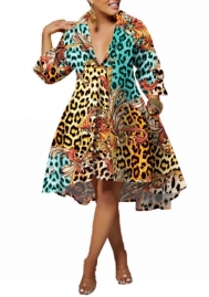 (Blue Leopard)2022 Styles Women Sexy Spring&Winter TikTok&Instagram Styles Loose Print Front Button Hem Midi Dress