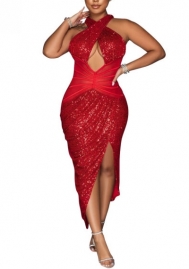 (Red)2023 Styles Women Sexy&Fashion Spring&Summer TikTok&Instagram Styles Sequins Halter Cut Out Midi Dress