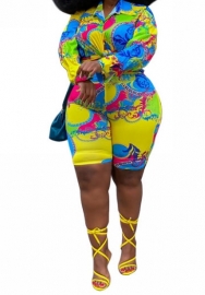 (Real Image)(Plus Size)2023 Styles Women Sexy&Fashion Spring&Summer TikTok&Instagram Styles Loose Print Short Two Piece Suit