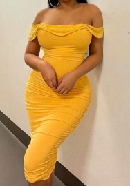 (Real Image)2023 Styles Women Sexy&Fashion Spring&Summer TikTok&Instagram Styles Yellow Off Shoulder Midi Dress