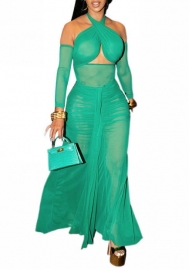 (Real Image)2023 Styles Women Sexy&Fashion Autumn/Winter TikTok&Instagram Styles Mesh Green Maxi Dress
