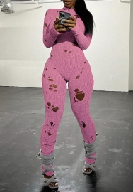 (Pink)2023 Styles Women Sexy&Fashion Autumn/Winter TikTok&Instagram Styles Long Sleeve Sweater Ripped Jumpsuit