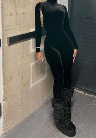 (Real Image)2023 Styles Women Sexy&Fashion Autumn/Winter TikTok&Instagram Styles Velvet Black Long Sleeve Jumpsuit