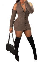 (Khaki)2024 Styles Women Sexy&Fashion Sprint/Summer TikTok&Instagram Sweater Cold Shoulder Mini Dress
