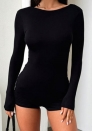(Black)2024 Styles Women Sleek Back-Exposing Long-Sleeve Shorts Basic Jumpsuit