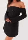 (Black)2024 Styles Women Off-Shoulder Pocket-Flapped Long-Sleeve Bodycon Dress