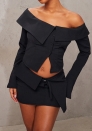 (Black)2024 Styles Women Autumn Fashion Open-Front Crop Top & Slim Skirt Set with Button Detail