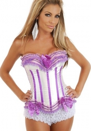 White Purple Bows Vertical Stripes Flower Satin OverBust CORSET