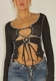 2022 Styles Women Fashion Spring INS Styles Mesh Lace Up Tops