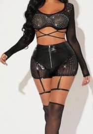 (Real Image)2023 Styles Women Sexy&Fashion Autumn/Winter TikTok&Instagram Styles Black Mesh Short Two Piece Suit