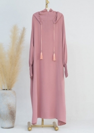 (Real Image)2024 Styles Women Muslim Tassel Hoodie Solid Color Long Sleeve Maxi Dress