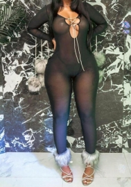 (Real Image)2024 Styles Women Summer Fashion Sheer Sexy Tight Lace-Up High-Waisted Mesh Jumpsuit