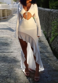 (Real Image)2024 Styles Women Summer Sexy Street Style Halter Long Sleeve V-Neck Tied Maxi Dress