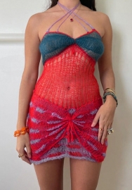 (Real Image)2024 Styles Women Spring/Summer Color-Blocked Open-Work Sexy Open Back Knit Halter Dress