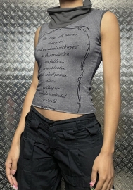 (Real Image)2024 Styles Women Summer Color-Blocked High Neck Printed Crop Tank Top