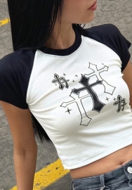 (Real Image)2024 Styles Women Summer Color-Blocked Crop Print Round Neck Short Sleeve T-Shirt