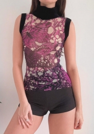 (Real Image)2024 Styles Women Butterfly Print Mesh Paneled Sleeveless Half-High Neck Top