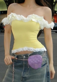(Real Image)2024 Styles Women Pure Desire Style Lace Trim Off-Shoulder Sleeveless Cropped Top