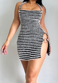 (Real Image)2024 Styles Women Spring/Summer Trendy Spicy Sexy Slim Fitting Split Color-Blocked Halter Bodycon Dress
