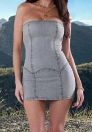 (Real Image)2024 Styles Women Denim Stretch Bandeau Sexy Washed Off-the-Shoulder Mini Dress