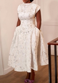 (Real Image)2024 Styles Plus Size Women Spring/Summer Stylish Premium Print Waist-Cinch Short Sleeve A-Line Midi Dress