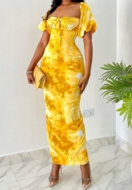(Real Image)2024 Styles Plus Size Women Summer Fresh Floral Print Puff Sleeve Square Neck Midi Split Dress