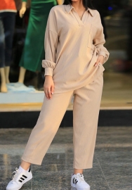 (Apricot)2024 Styles Plus Size Women Spring Collar Long Sleeve Shirt with High-Waist Pocket Casual Pants Set