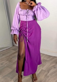 (Real Image)2024 Styles Plus Size Women Spring Stylish Square Neck Flared Sleeve Crop Top with Split Skirt