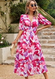 (Real Image)2024 Styles Women Elegant Waist-Cinch V-Neck Printed Maxi Dress