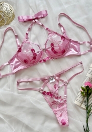 (Real Image)2024 Styles Women Heart-Shaped Rhinestone Buckle Sexy Openwork Embroidered Erotic Halter Lingerie Set