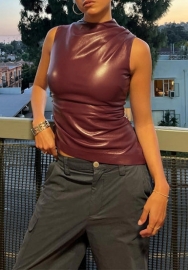 (Real Image,Only Tops)2024 Styles Women Leather Collar Waist-Cinch Asymmetrical Sleeveless Top