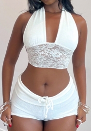 (White)2024 Styles Women Lace-Trimmed Halter Top with Exposed Waist Drawstring Shorts Two-Piece Set