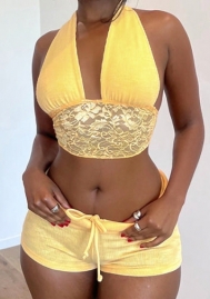(Yellow)2024 Styles Women Lace-Trimmed Halter Top with Exposed Waist Drawstring Shorts Two-Piece Set