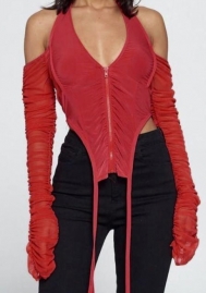 (Real Image,Only Tops)2024 Styles Women Halter Exposed-Back Zip Mesh See-Through Tie-Up Top