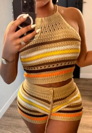 (Coffee)2024 Styles Women Contrast Color Summer Sweater Short Two Piece Suit