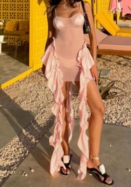 (Apricot)2024 Styles Women Strapless Tulle Sheer Fringe-Trimmed Fluttery Sash Mini Dress